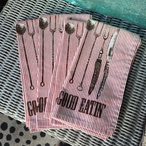 Pottery Barn GOOD EATIN' Cotton Fabri Napkins 4-Pack NEW ~ Retail $48 ~ RETRO - Picture 1 of 3